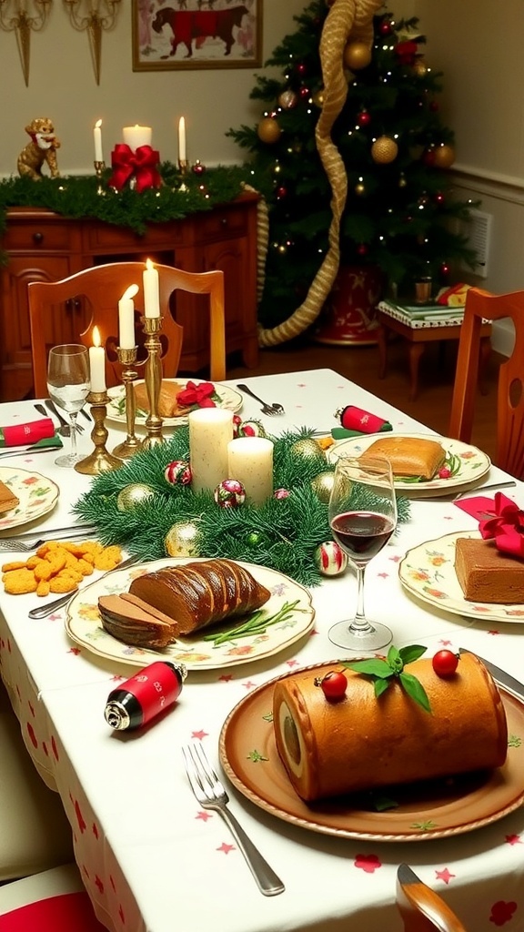 1970s Christmas Dinner Party Menu A festive 1970s Christmas dinner table with beef Wellington, shrimp cocktail, and Yule log cake.
